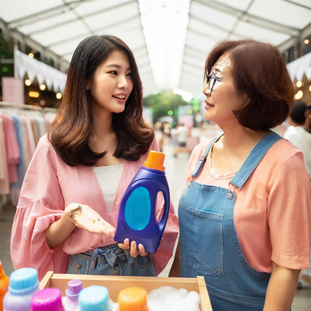 Asian, (young mother aged 27 years wearing a long pink dress holding detergent) is explaining to (35 year old mother wearing a blue dress), background frame of tent inside the mall, long dress, modest dress, camera angle