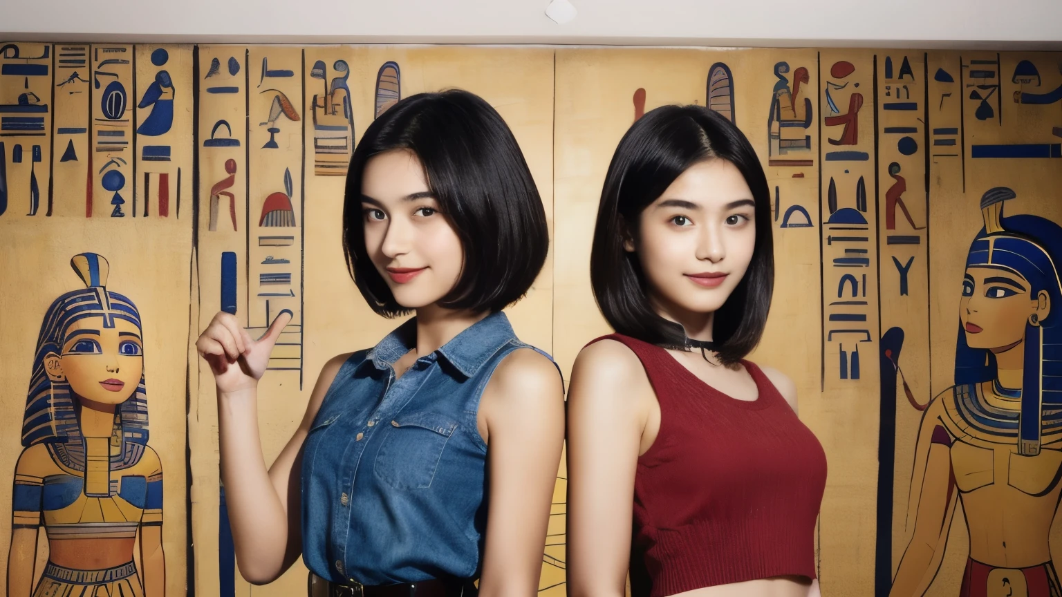 246 (In the mural2people々々々々々々々), (An 18-year-old female and an 18-year-old male), short hair,kind, lipstick, Egyptian civilization, Waist belt, Hieroglyphics, smile