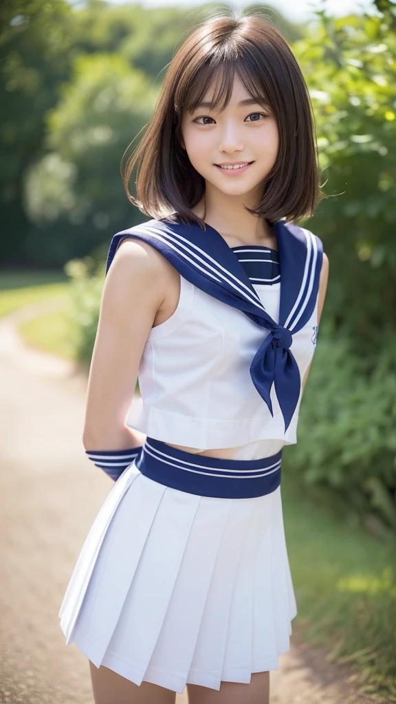 ((((((17 years old))))))、(Aya Ueto : 0.6)、(((A charming face)))、(((Young face)))、(((beautiful girl)))、(((A beautiful woman)))、Beautiful woman、Cute woman、((Innocent face))、((Smile))、((Ultra-detailed face))、((Detailed lips))、((Detailed eyes))、((double eyelid))、(((Beautiful Face)))、(((Beautiful, well-shaped eyes)))、(((Beautiful, well-shaped lips)))、Very Short Hair、ponytail、Pixie cut、BREAK、BREAK、(((Wearing a sailor uniform)))、BREAK、8 heads、(((slender)))、(((Slim body)))、(((Thin body)))、(((Slim woman)))、(Flat Chest:1.5)、BREAK、Photographic quality、Natural light、(フォトRealistic:1.4)、(Highest quality:1.2)、(Ultra-high resolution:1.2)、8K、RAW Photos、Realistic、High Detail、Film Grain、Detail Skin、Symmetrical、Delicate skin、Real human skin、pores、Super detailed、Detailed、(masterpiece : 1.2)、Thin face、Sharp Face、Small Face、Small face、Narrow shoulders、Small shoulders、Small shoulders幅、Slim shoulders、Narrow shoulders幅、Beautiful Japanese Woman、Beautiful Korean Woman、Slim womanモデル、Young Gravure Idol、Realistic young gravure idol、Young Sensual Gravure Idol、Young Pretty Gravure Idol、Japanese Model、Young Gravure Idol、((From the knee up)) 、(arms behind back:1.3)