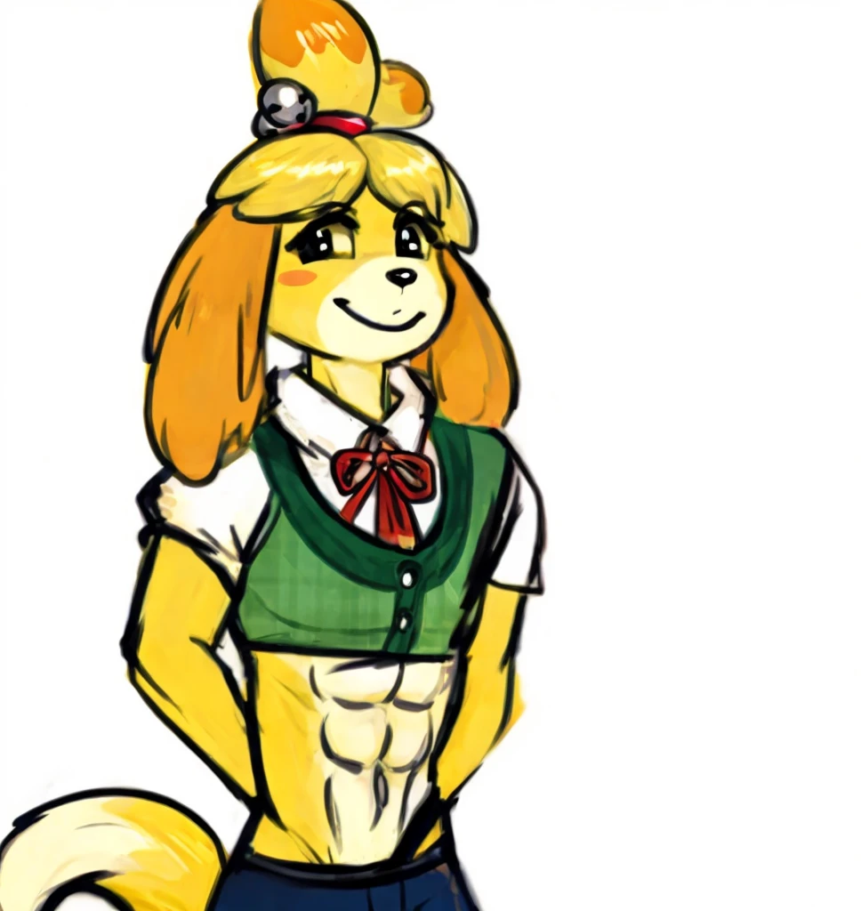 a cute digital artwork of a smiling Isabelle with Rock hard abs