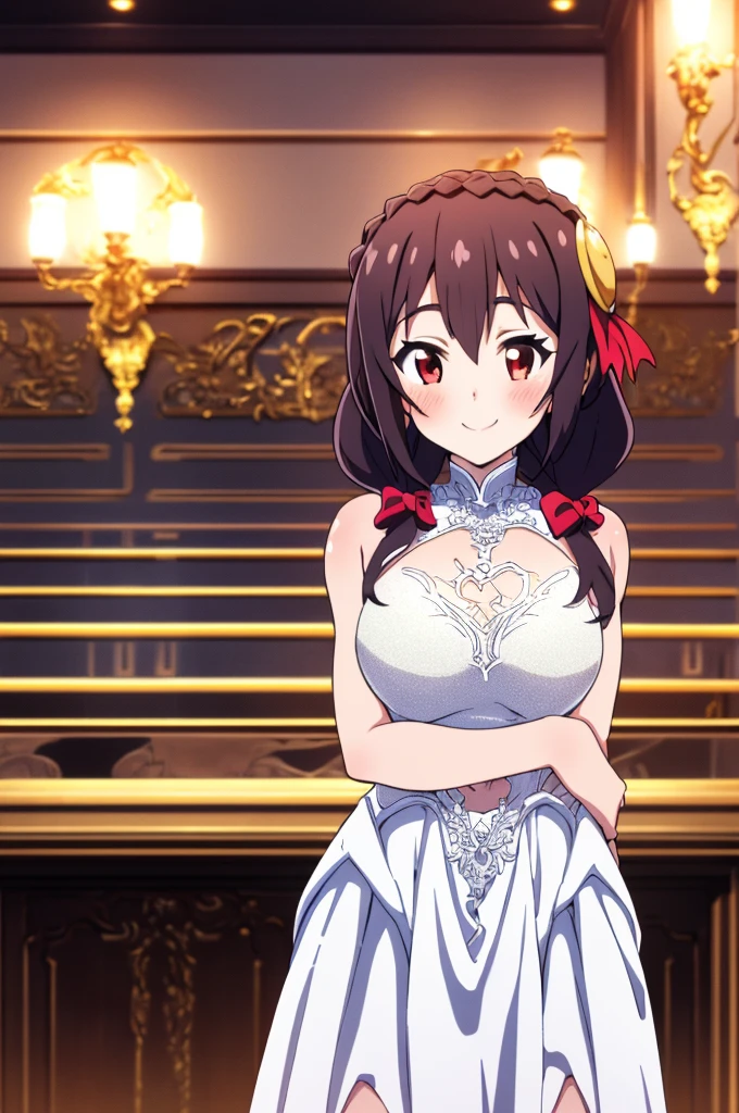 (masterpiece, Highest quality), One girl,    Yunyun,Long Hair,Braiding,Twin tails,Hair between the eyes,Red hair ribbon,hair ornaments,large round breasts,、Black Hair、Red Eyes、(Happy face:1.2)、indoor、Crown Blade,(white prom dresses:1.5)、(blush:1.2)、cowboy shot