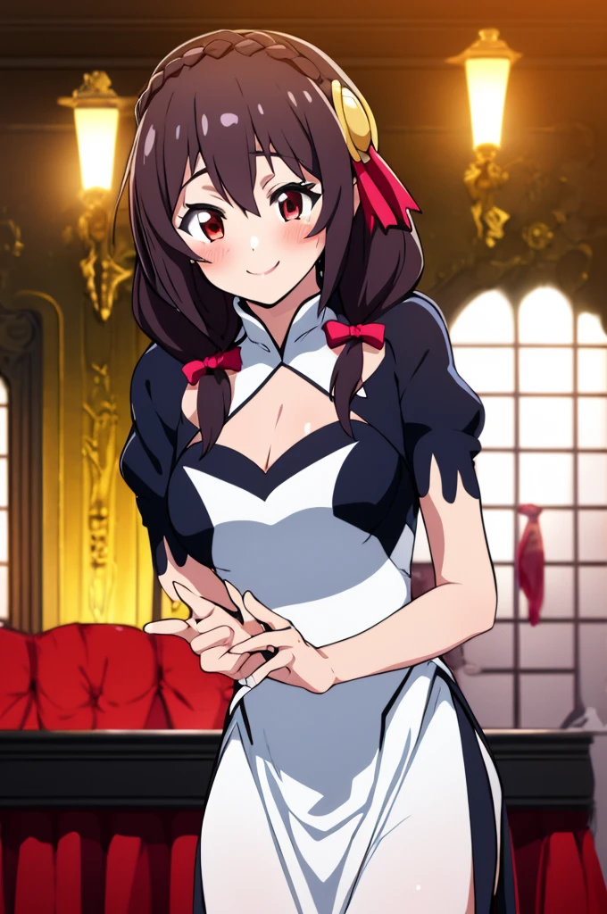 (masterpiece, Highest quality), One girl,    Yunyun,Long Hair,Braiding,Twin tails,Hair between the eyes,Red hair ribbon,hair ornaments,large round breasts,、Black Hair、Red Eyes、(Happy face:1.2)、indoor、Crown Blade,(white prom dresses:1.5)、(blush:1.2)、cowboy shot