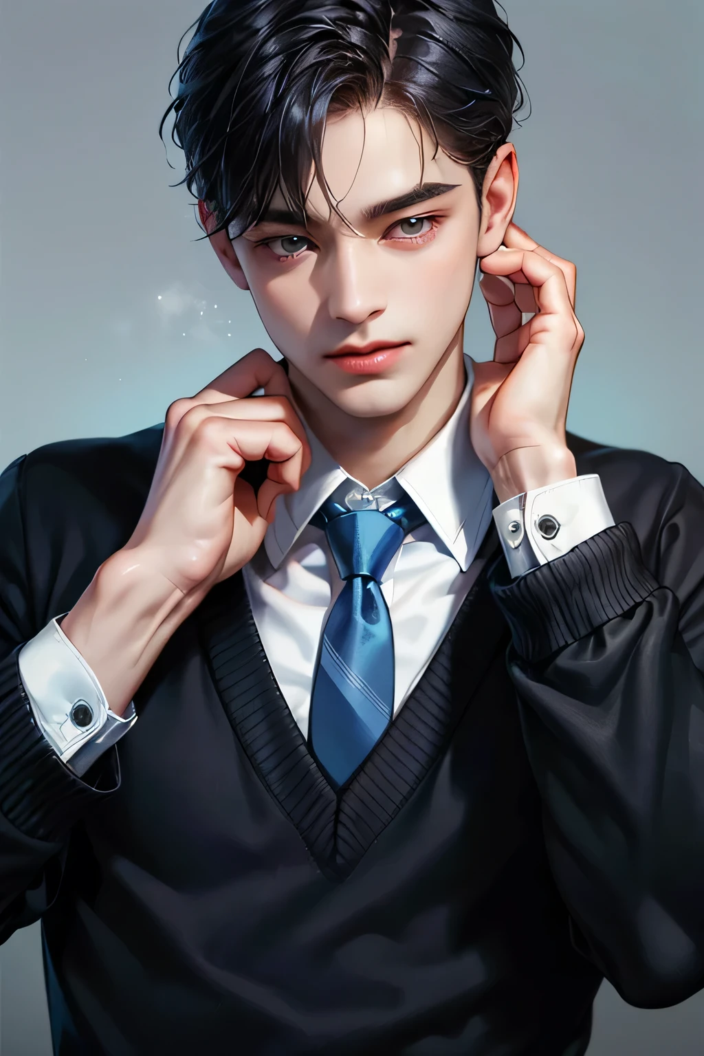 solo, 1boy, male_focus, watch, wristwatch, sweater, shirt, black_hair, collared_shirt, upper_body, realistic, necktie, long_sleeves, short_hair, blue_sweater, white_shirt, black_eyes, closed_mouth, blue_necktie