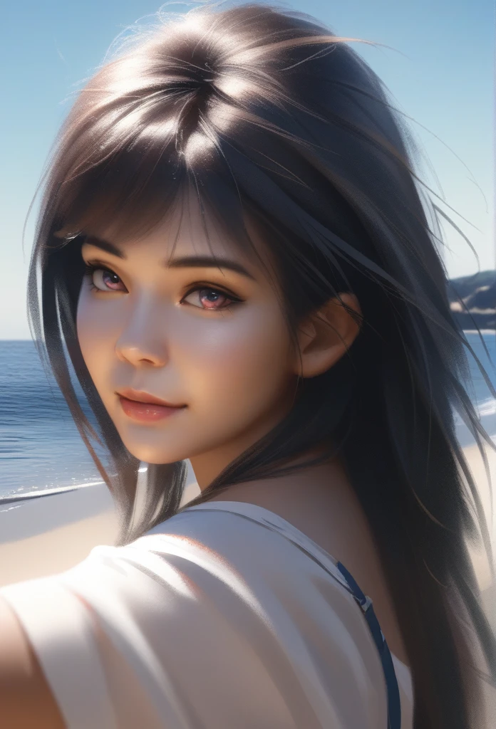 1girl, solo, wlop, black hair, gradient eyes, white shirt, short shorts, seductive smile, beach, blue sky, (best quality,4k,8k,highres,masterpiece:1.2),ultra-detailed,(realistic,photorealistic,photo-realistic:1.37),HDR,UHD,studio lighting,ultra-fine painting,sharp focus,physically-based rendering,extreme detail description,professional,vivid colors,bokeh,portraits