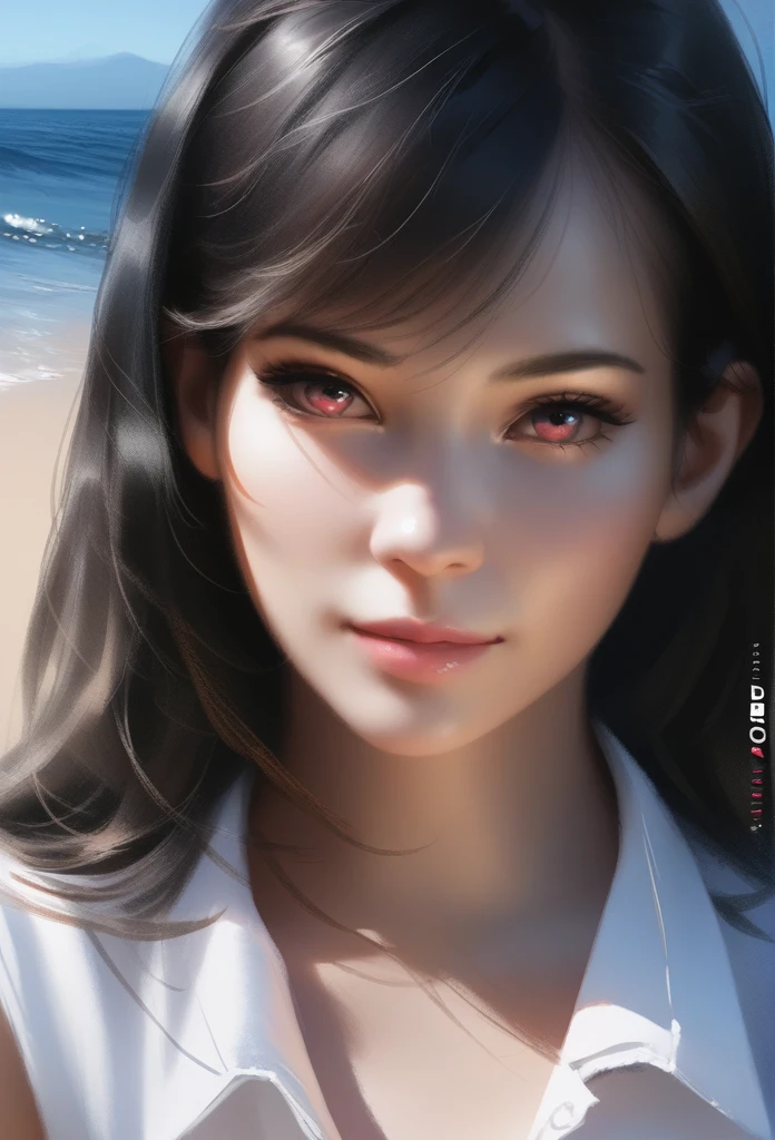 1girl, solo, wlop, black hair, gradient eyes, white shirt, short shorts, seductive smile, beach, blue sky, (best quality,4k,8k,highres,masterpiece:1.2),ultra-detailed,(realistic,photorealistic,photo-realistic:1.37),HDR,UHD,studio lighting,ultra-fine painting,sharp focus,physically-based rendering,extreme detail description,professional,vivid colors,bokeh,portraits