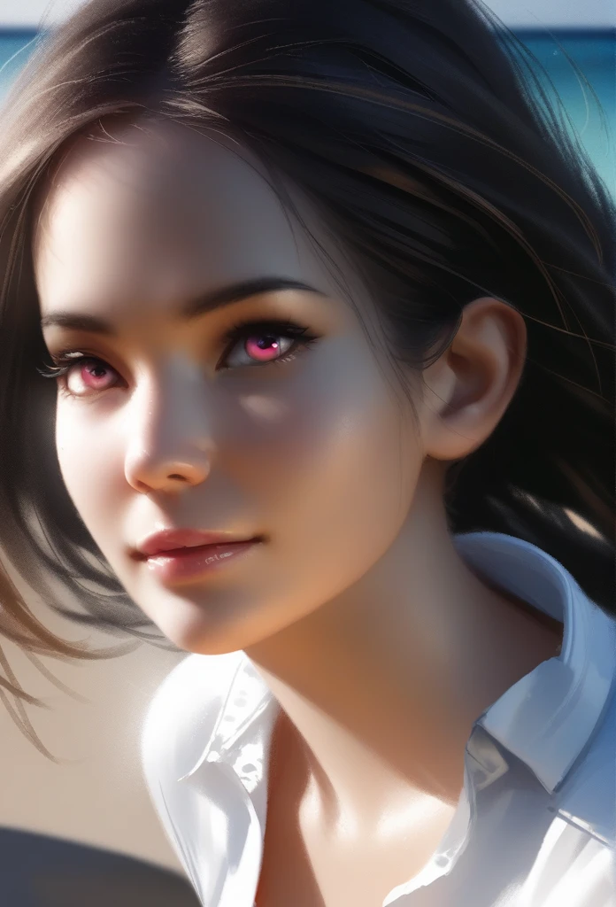 1girl, solo, wlop, black hair, gradient eyes, white shirt, short shorts, smile, beach, blue sky, (best quality,4k,8k,highres,masterpiece:1.2),ultra-detailed,(realistic,photorealistic,photo-realistic:1.37),HDR,UHD,studio lighting,ultra-fine painting,sharp focus,physically-based rendering,extreme detail description,professional,vivid colors,bokeh,portraits