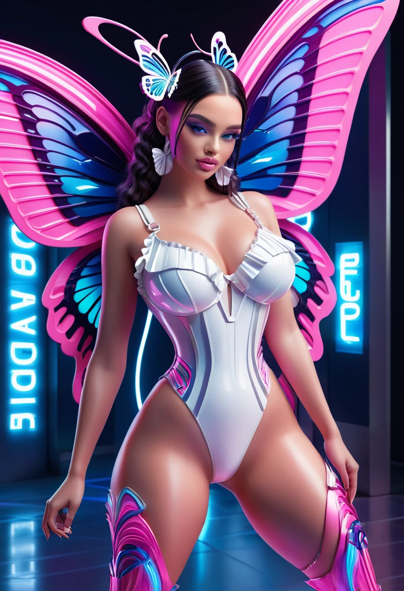 A visually stunning 3d rendering of a text "vel addict" is displayed on the background in a sleek, modern pink-colored metallic font. The artwork captures a mesmerizing "Butterfly Girl" with a full-figured, neon wings, large-bodied physique, confidently posing for the camera. Her dark hair has blue streaks, braided at the side, and she wears a ruffled white summer dress. symbolizing purity and innocence. This masterpiece skillfully combines elements of architecture, poster, cinematic, fashion, painting, typography, architecture, photo, 3d render