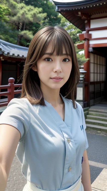(((Selfie:1.3))), looking at viewer, Full body , standing, from front view, on road, Japanese Girls ,(30-year-old),(Detailed face, Beautiful Eyes, bangs ,Light brown straight hair, Faint lips), (Middle chest, Slender Hoist, Middle Hip, Little public hair) ,White brows, blue denim pant, shoes, , In front of the torii gate, Miyajidake Shrine , (masterpiece, highest quality, High resolution, Photo realistic, sharp, RAW Photos, 8k wallpaper, perfection, Professional Lighting, Very detailed),