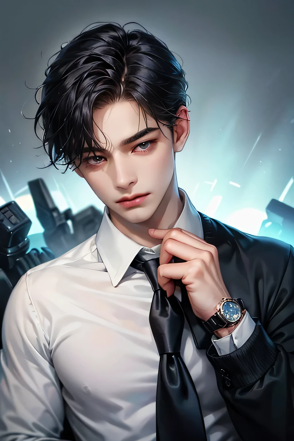 solo, 1boy, male_focus, watch, wristwatch, sweater, shirt, black_hair, collared_shirt, upper_body, realistic, necktie, long_sleeves, short_hair, blue_sweater, white_shirt, black_eyes, closed_mouth, blue_necktie