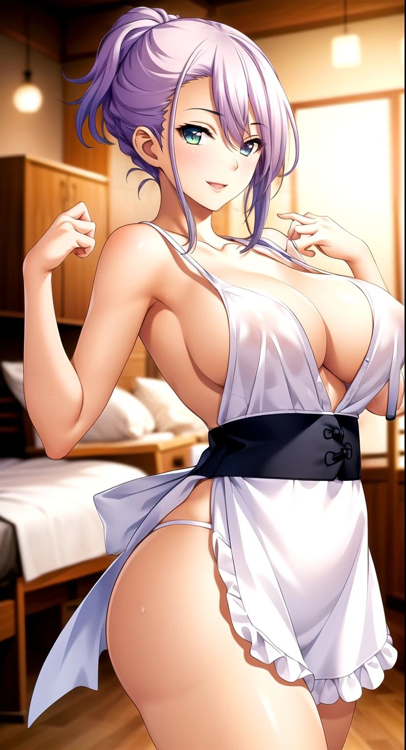  apron, 1 girl,20 years old, Young women,Fair Finger,Fair long legs,Fair Body,Fair Nose,Fair character design, Perfect eyes, perfect Face,Expressive eyes, Looking at the audience,(leading_Body),(Focus on her Face), Official Art,Extremely detailed CG unity 8k wallpaper, Perfect Lighting,rich and colorful, bright_front_Face_Light,發Light的皮膚, (masterpiece:1.0),(the best_quality:1.0), Ultra-high resolution,4K,Very detailed, photography, 8K, Human Development Report, high resolution, absurd:1.2, Kodak Portrait 400, Film Grain, Blurred background, Bokeh:1.2, 鏡頭Light暈, (Full of energy_color:1.2) (Fair,Target_:1.3), (Fair_Face:1.5),(narrow_waist),smile, happy