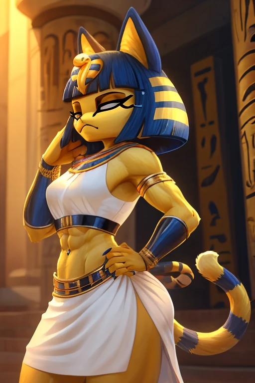 ((best quality)), ((masterpiece)), (detailed),  digital artwork of a  yellow cat ankha with abs wearing a crop top of her white sleeveless dress with white long dress skirt, a bare midriff and a bare navel, , Egyptian setting, anthro, furry style, tail, she looks snobbish, sideview navel piercing,  blue Egyptian handbands