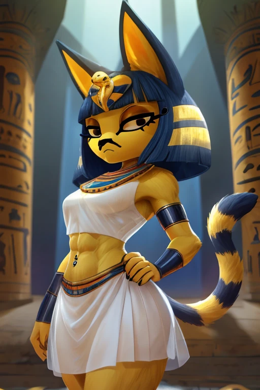((best quality)), ((masterpiece)), (detailed),  digital artwork of a  yellow cat ankha with abs wearing a crop top of her white sleeveless dress with white long dress skirt, a bare midriff and a bare navel, , Egyptian setting, anthro, furry style, tail, she looks snobbish, sideview navel piercing,  blue Egyptian handbands