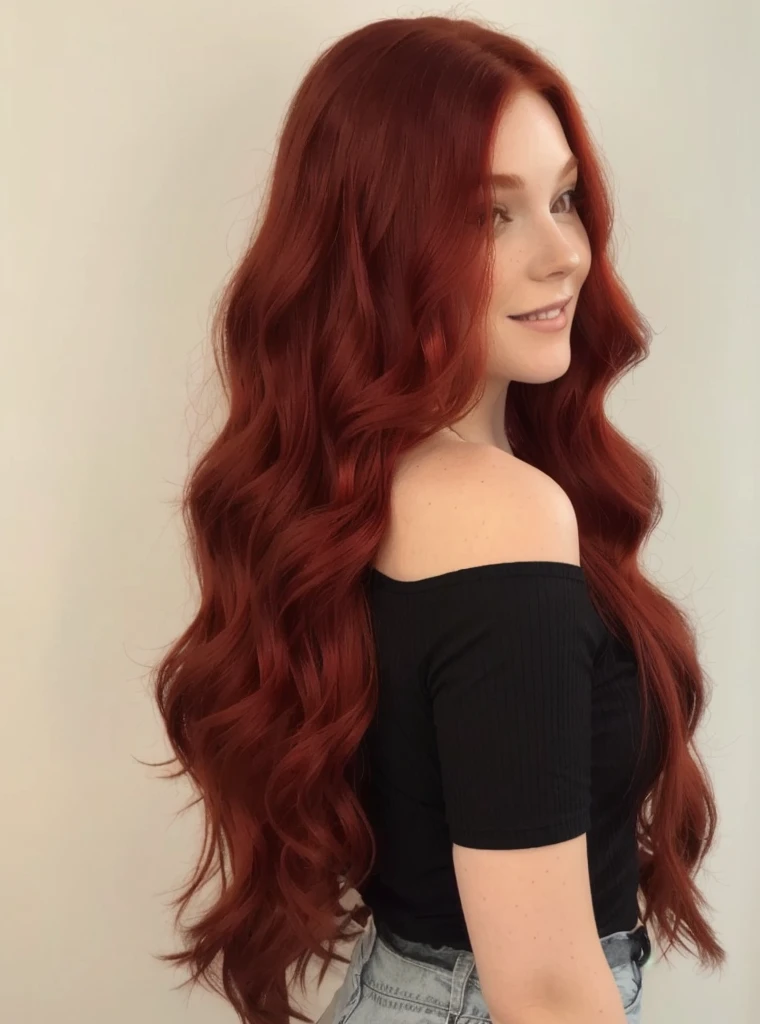 a close up of a woman with long red hair and a black top, long flowing red hair, long wavy red hair, long glowing red hair, red long wavy hair, long curl red hair, long red hair, red long hair, brown red long hair, very long wavy fiery red hair, wavy big red hair, long wavy auburn hair, strong red hue
