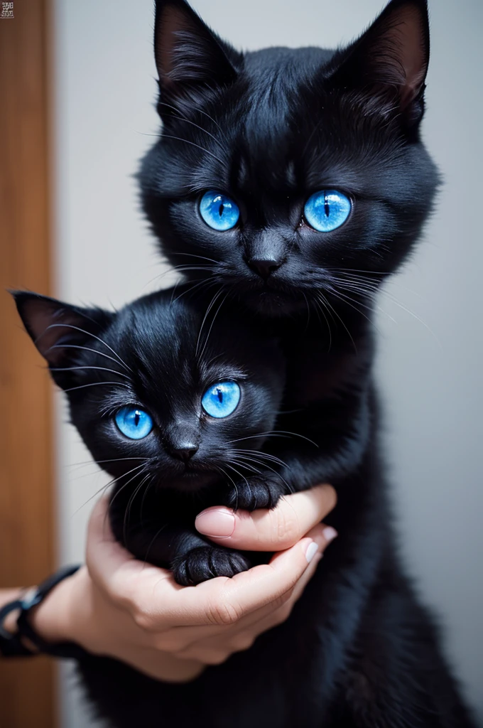 A small black kitten with shining eyes slaps a cross-eyed bland ugato with blue eyes