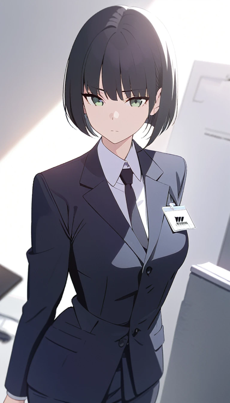 (masterpiece, high quality, best quality, highres,) One Woman, young, black hair, bob cut, Green Eyes, Athletic build, expressionless, closed mouth, office staff suit, Simple white background, standing, cowboy shot, from the front