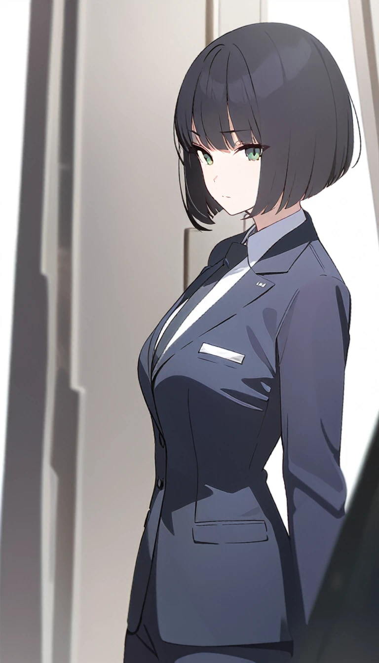 (masterpiece, high quality, best quality, highres,) One Woman, young, black hair, bob cut, Green Eyes, Athletic build, expressionless, closed mouth, office staff suit, Simple white background, standing, cowboy shot, from the front