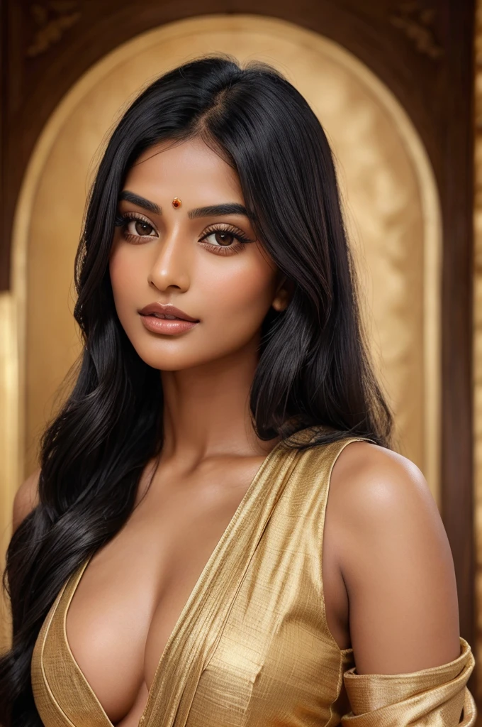 Imagine a stunning Indian woman with expressive almond-shaped eyes, adorned with traditional kohl. Her long, glossy black hair cascades down in soft waves, framing her serene face. She has a radiant complexion with a subtle golden undertone, enhancing her natural beauty.