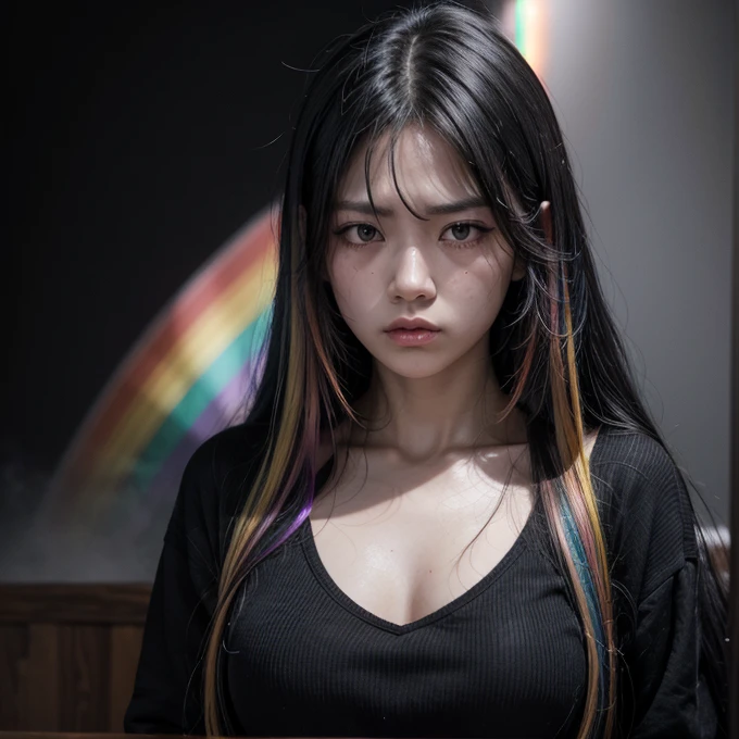 Woman, long rainbow hair, black clothes, angry face, rainbow on the background