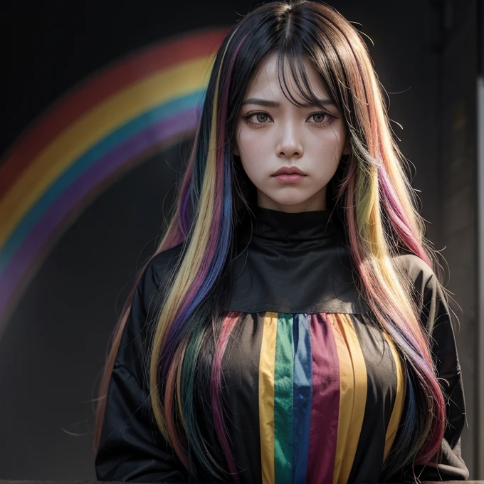 Woman, long rainbow hair, black clothes, angry face, rainbow on the background 