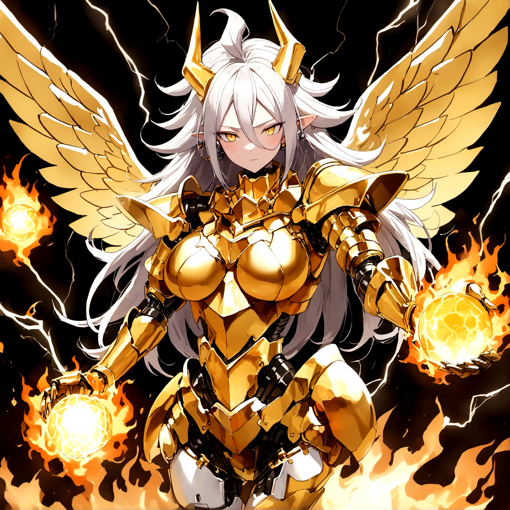 ((Lightning Power)), ((Electricity)), ((Fire Background)), ((Lightning Storm)), ((Power Erupting)), (((((android 21))))), ((((Rasengan)))), (((Evil Power))), (((white Coat))), (((Busty))), (((((Big breast:1,3)))), luxury bustier corset, (((silver hair))), (((Very slim waist))), propotional body, ((Gorgeous)), (((Fire Blazing Horns))), ((((gold wings))), masterpiece, hyperdetail, ambient effect, digital effect, (((Fire Gold Armor))), (((Lightning Gold Wings)))