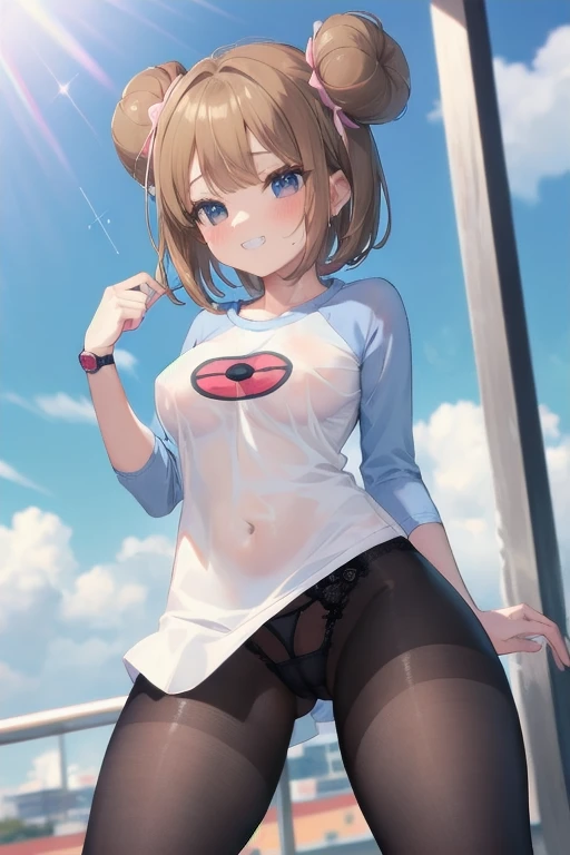 masterpiece, best quality, High resolution, b1, Hair Bun,Brown hair,  black eyes, Black pantyhose, Raglan sleeves,  shirt, 乳首がshirtから透けて見える、pink ribbon, watch, Standing, Cowboy shooting, site, Monster Ball \(basic\), Grin、(Rosa_Pokémon)、(((From the lower thigh)))、sit on face、我手里拿着大腿Monster Ball、(((The opening of your legs)))、underwear，乳首がshirtから透けて見える、乳首がshirtから透けて見える、Fleshy，Broken hair in the ears，short hair，View from below，Pussy crack，Thick thighs，Cunt hair，Place your hands on your inner thighs，Wet underwear，Bun cunt