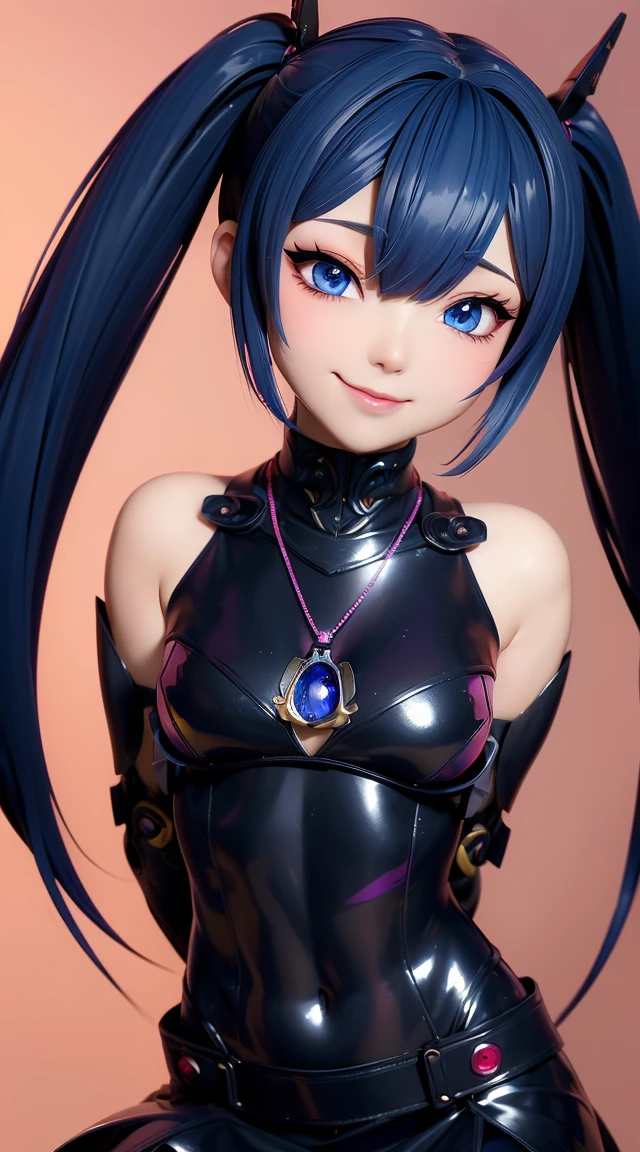  (masterpiece:1.3), (Best Quality:1.3), (Ultra-detailed:1.2), ((kawaii)), Cute, (lovely), ((sexy)), ((Extremely detailed)), 4K, (8K), Best Quality, (Beautiful), Illustration, anime style, (bold line:1.2), Gradation, looking at viewer, //, (bent down:1.1), (arms behind back), //, a cute girl, 1girl, (solo:1.2), gleaming skin, //, (flat chested), (Perfect eyes:1.2), (Perfect iris:1.2), //, darkblue hair color, (beautiful eyes) //, (half closed eyes:1.3), (sexual expression:1.2), Fascinated expression, smile, (blush:1.2), //, modern city background, on rock, twin tails, straight bangs, muscle girl, hard abs, exposed abs, NECKLACE, skirt, heavy armor suit, mecha musume, underboobs