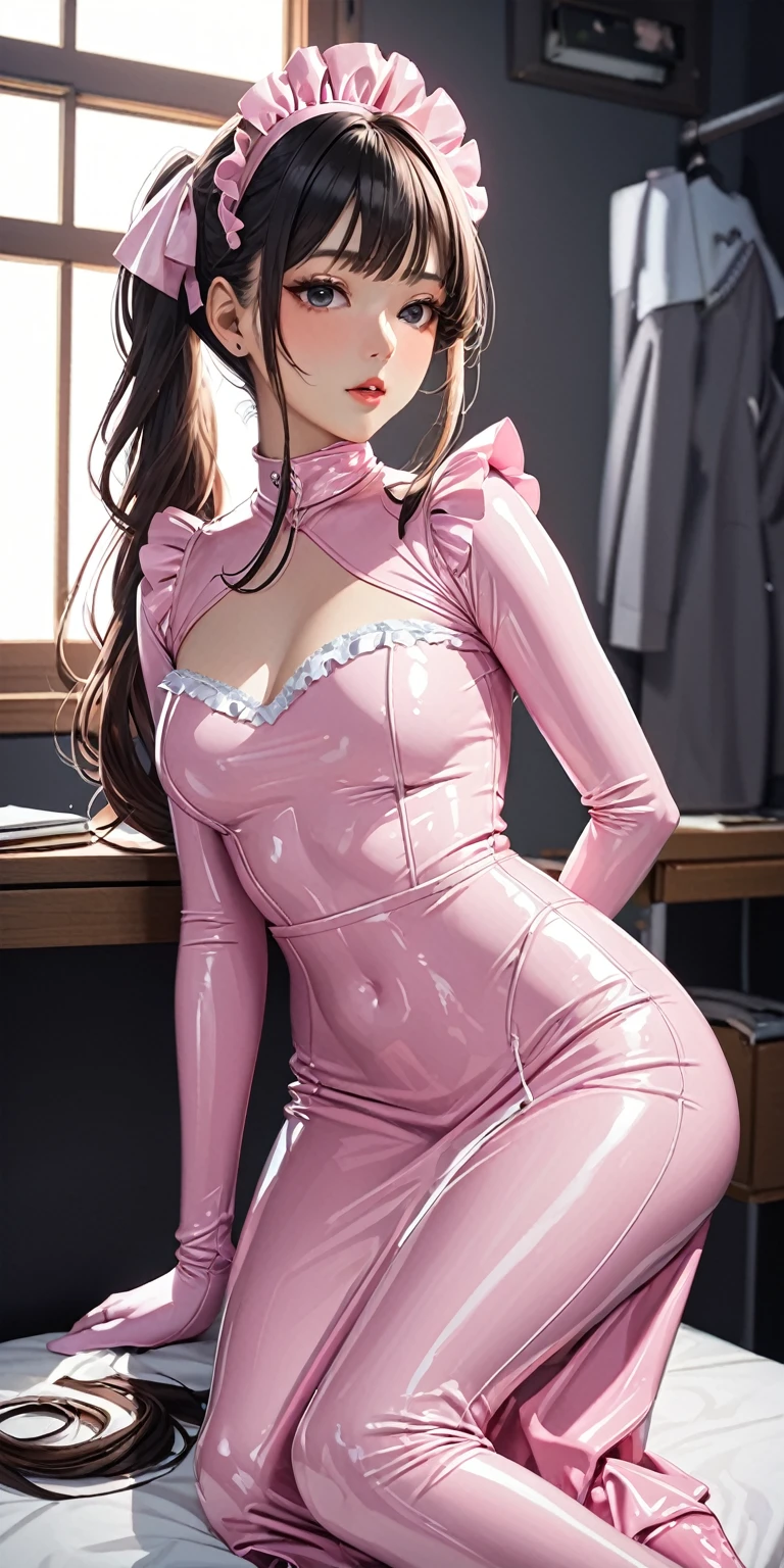 Portrait、(masterpiece,Highest quality,Ultra-high resolution),Japanese women, (((Very beautiful 25 year old girl))),(Light pink latex maid outfit)、(Light pink latex long skirt)、(A light pink latex long-sleeve shirt covering the upper body)、Light pink latex long gloves、Light pink latex socks、Latex bodysuit、The clothes fit snugly to the body、Latex is very shiny、Dark Room、