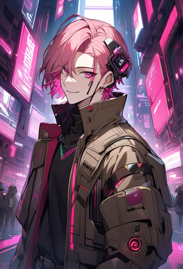 Handsome, solo, 1 male, short hair, pink hair, red highlight at hair tips, pink eyes, white and brown clothes, smile facial, futuristic, cyberpunk, cards, dices, gambler
