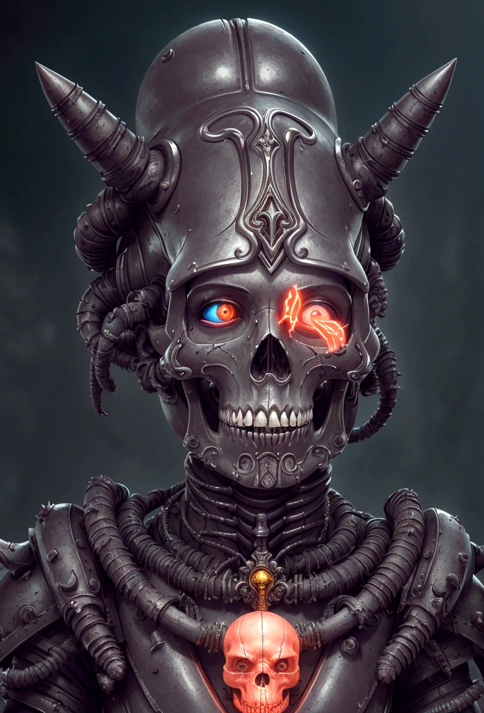 a gorgeous adepta sororitas from the movie tron, glowing skull armor, spikes, teeth, monster, dirty tentacles, pus pimples, cracked truenurgle, detailed face and eyes, beautiful lips, extremely detailed, 1girl, oil painting, concept art, dark fantasy, cinematic lighting, dramatic shadows, vibrant colors, moody atmosphere, hyper detailed, 8k, photorealistic