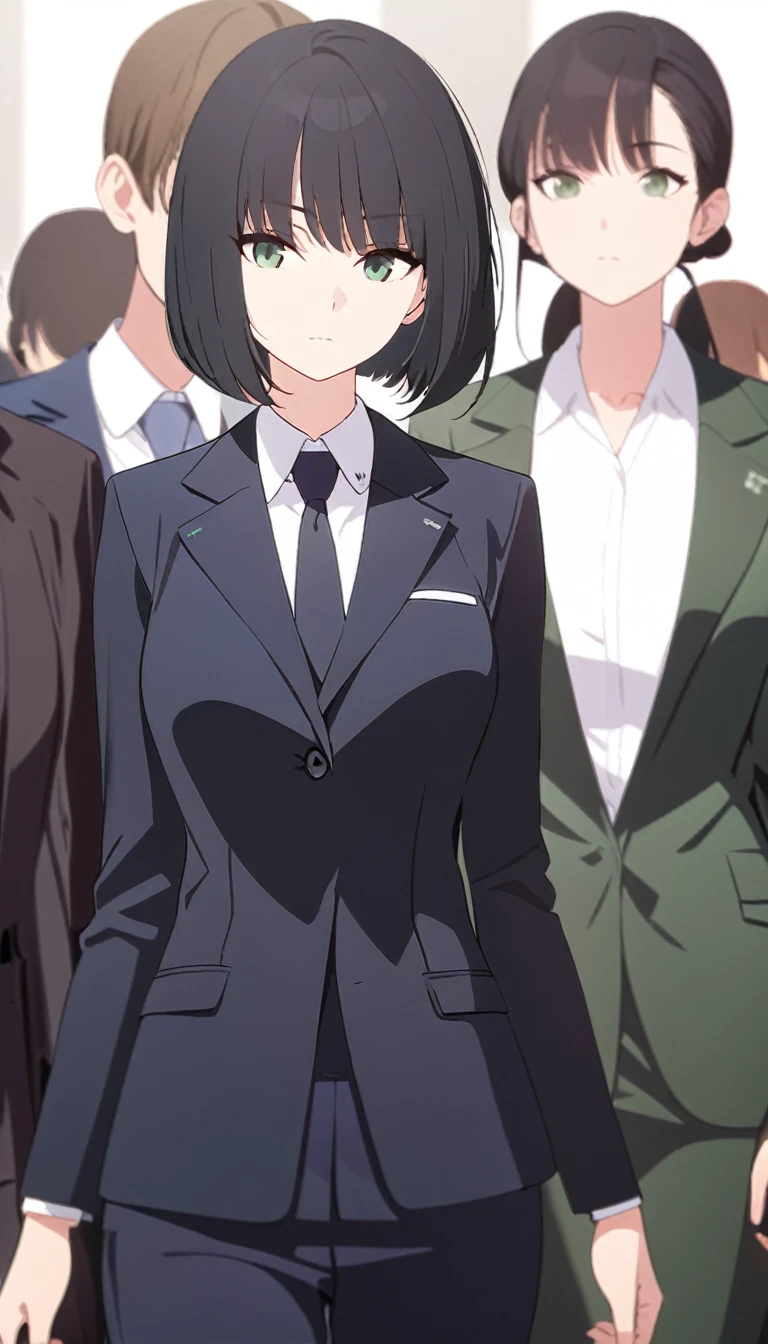 (masterpiece, high quality, best quality, highres,) One Woman, young, black hair, bob cut, Green Eyes, Athletic build, expressionless, closed mouth, office staff suit, Simple white background, standing, cowboy shot, (from the front)