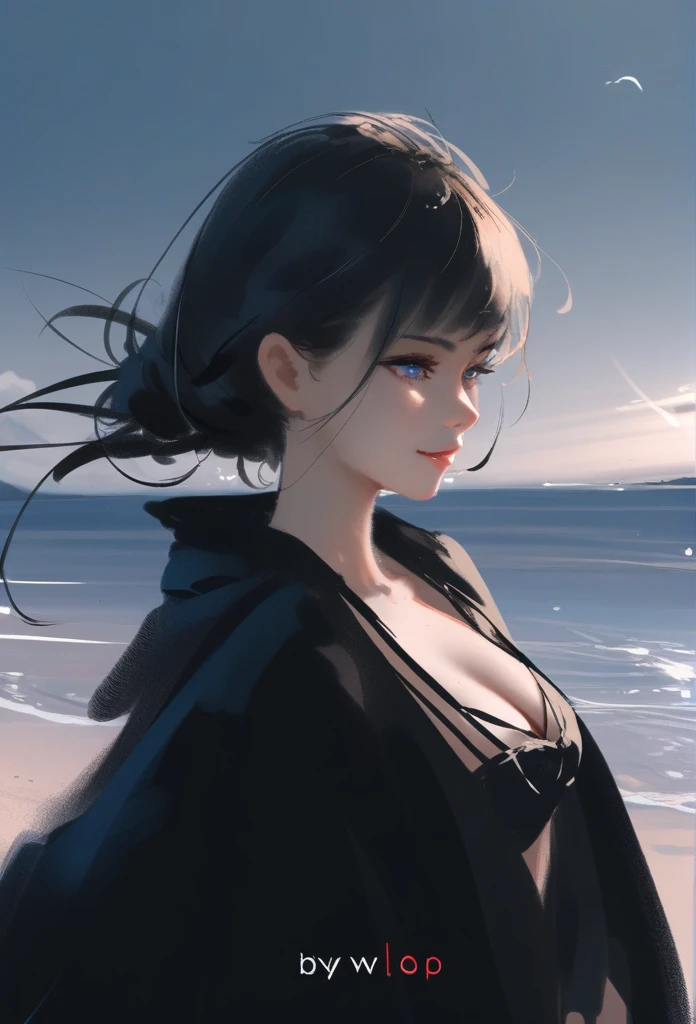 1girl, solo, wlop,
Black hair, gradient eyes, black cloak, seductive smile,
beach, black sky,
masterpiece, best quality,