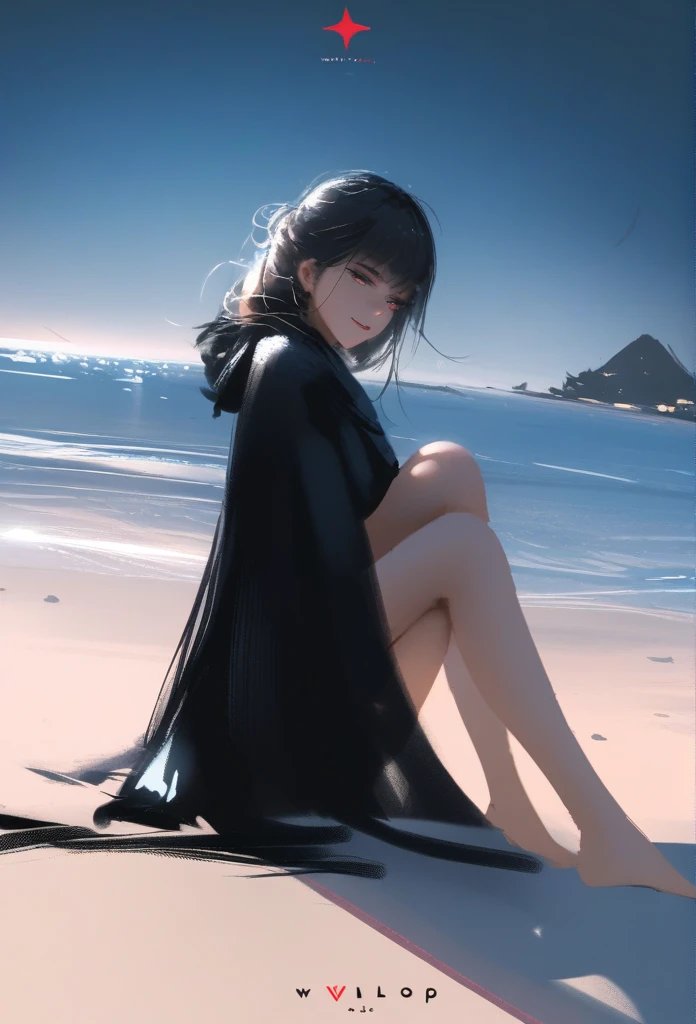 1girl, solo, wlop,
Black hair, gradient eyes, black cloak, seductive smile,
beach, black sky,
masterpiece, best quality,