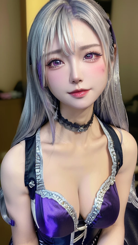 (thin eyebrows)、(((((closed mouth)))))、((Very strong sunshine))、((((beautiful silver hair))))、((small head))、(beautiful silver hair with short wavy:1.2)、full body shot、(((8K, Raw photo)))、 (((Same face as cosplayer))),(Shot from above in high resolution 8K)、(very delicate and beautiful)、(masterpiece)、(highest quality:1.0)、(超A high resolution:1.0)、realistic shadow、[High resolution]、 fine skin、Super detailed、(beautiful hair)、Photoreal、lifelike face、big breasts thin waist、realistic eyes、small eyes、looking at camera、(((between the breasts)))、(eyeliner)、(mascara)、 lips with pink lips、((Looks very happy))、show your shoulders、Complex patterns and transparent materials、artistic depiction of an attractive woman, Emphasizes an attractive silhouette。That scene is、、bask in the hot sun、Makes you feel the delicate beauty and charm of nature。(((intricate details))、advanced details、choker、NSFW,((highest quality、8K、masterpiece:1.3))、sharp focus:1.2、 (((Enamelled purple and silver corset)))、