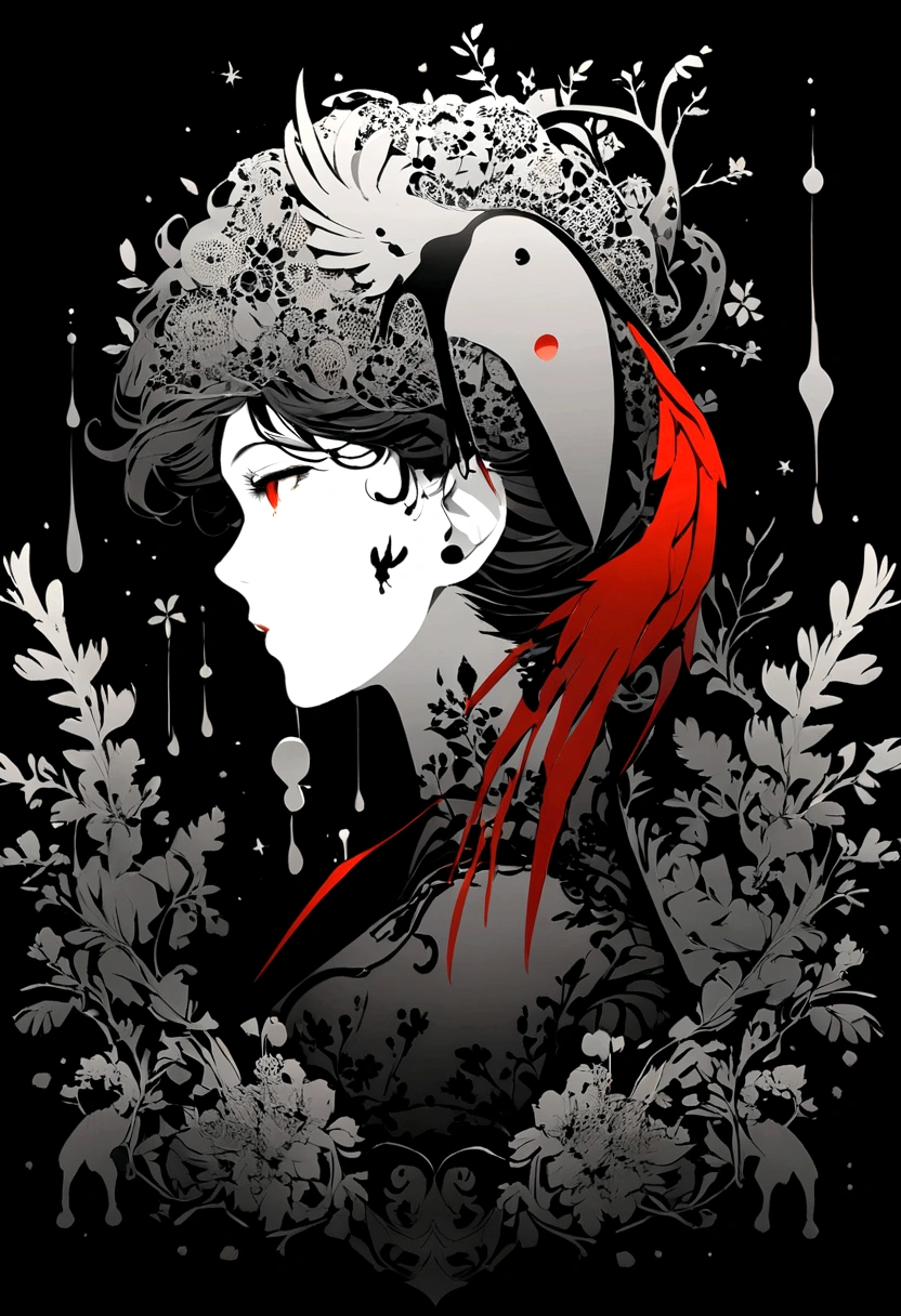 Ink Art, Starling's head, Ink drops, Ink Art，White mouth，Red claws