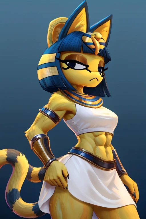 ((best quality)), ((masterpiece)), (detailed), digital artwork of a yellow cat ankha with abs wearing a crop top of her white sleeveless dress with white long dress skirt, a bare midriff and a bare navel, , Egyptian setting, anthro, furry style, tail, she looks snobbish, sideview navel piercing, blue Egyptian handbands