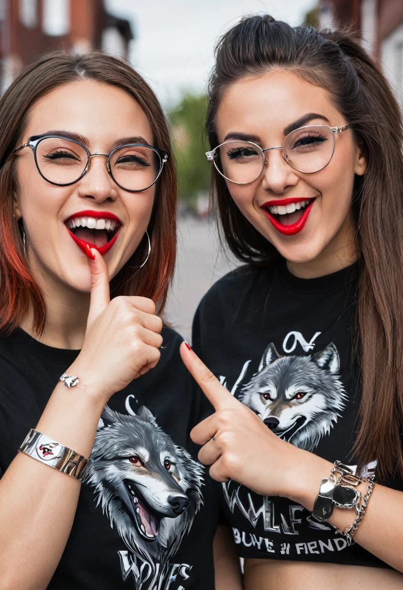 A portrait of two friends, one with straight hair winking an eye throwing a kiss with a thumbs up and a silver bracelet in her hand with a black t-shirt that says wolves in red capital letters another friend with a bun and her hair back with glasses serious with a black t-shirt that says wolves in red capital letters