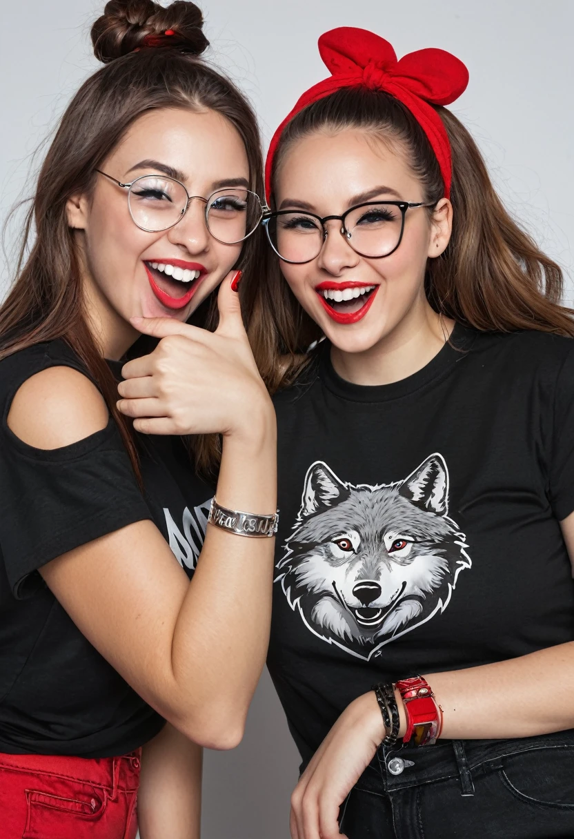A portrait of two friends, one with straight hair winking an eye throwing a kiss with a thumbs up and a silver bracelet in her hand with a black t-shirt that says wolves in red capital letters another friend with a bun and her hair back with glasses serious with a black t-shirt that says wolves in red capital letters