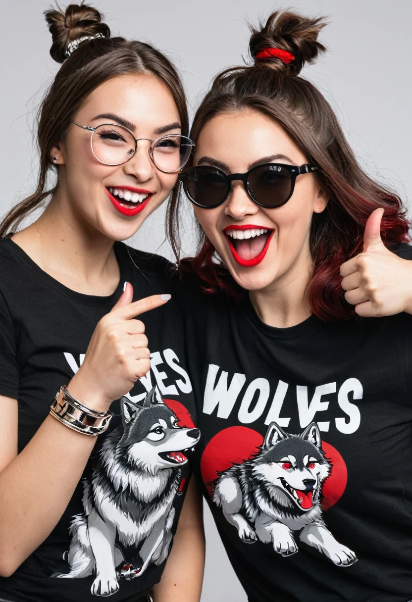 A portrait of two friends, one with straight hair winking an eye throwing a kiss with a thumbs up and a silver bracelet in her hand with a black t-shirt that says wolves in red capital letters another friend with a bun and her hair back with glasses serious with a black t-shirt that says wolves in red capital letters