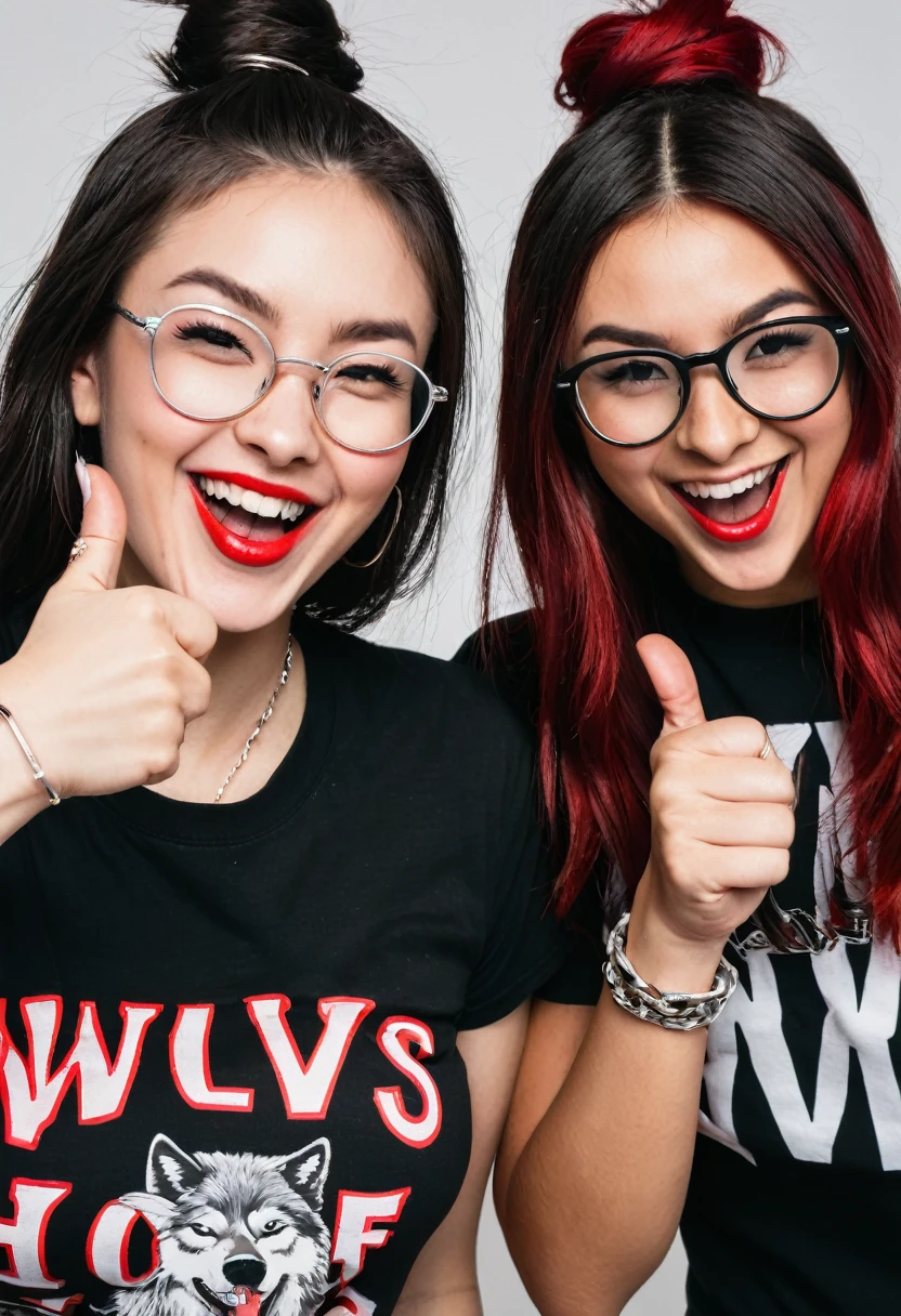 A portrait of two friends, one with straight hair winking an eye throwing a kiss with a thumbs up and a silver bracelet in her hand with a black t-shirt that says wolves in red capital letters another friend with a bun and her hair back with glasses serious with a black t-shirt that says wolves in red capital letters