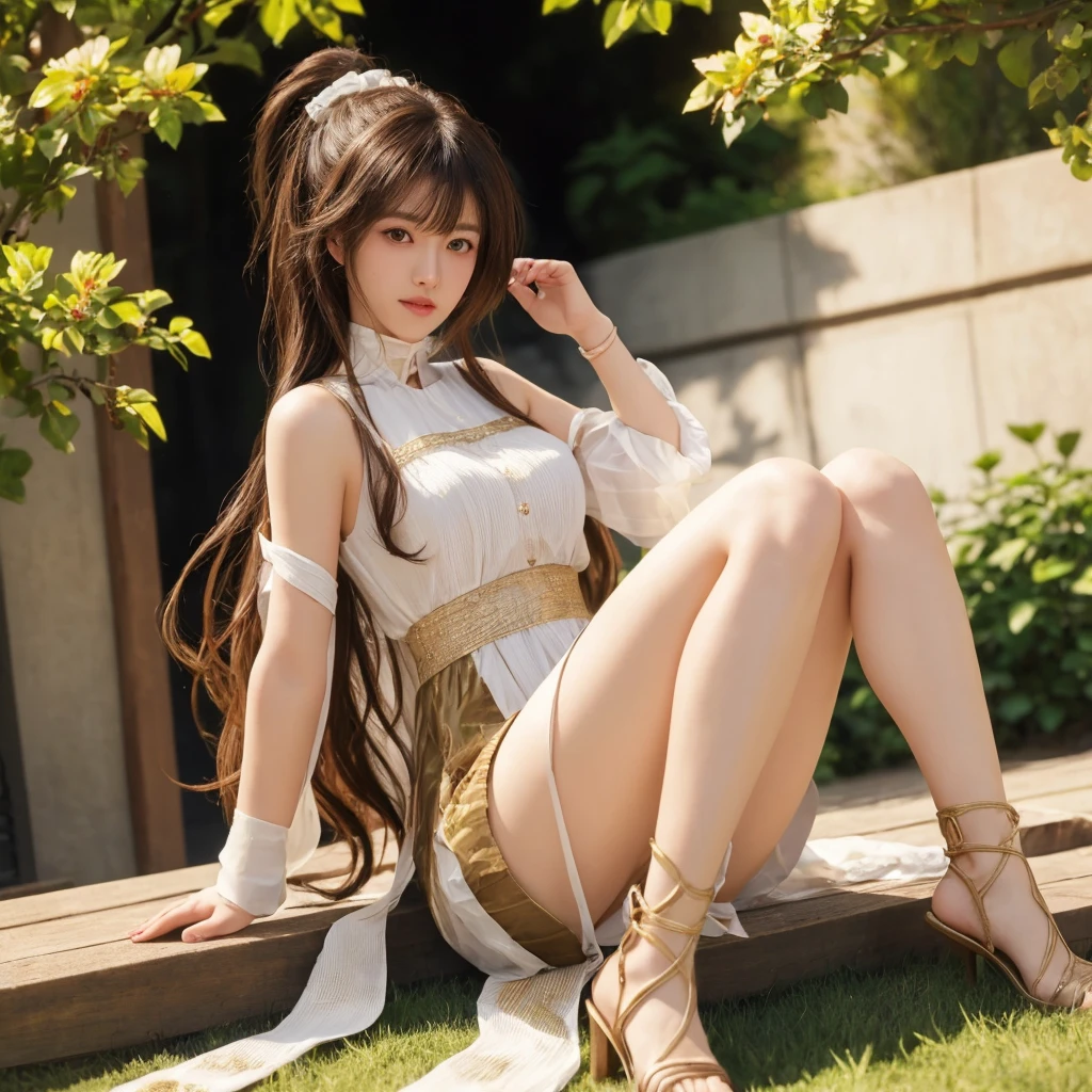 A woman sitting on a sofa, gorgeous Chinese model, very charming and beautiful, smooth white tight top, sense of design, off-the-shoulder, red split skirt, flesh colored stockings, hips, sitting position