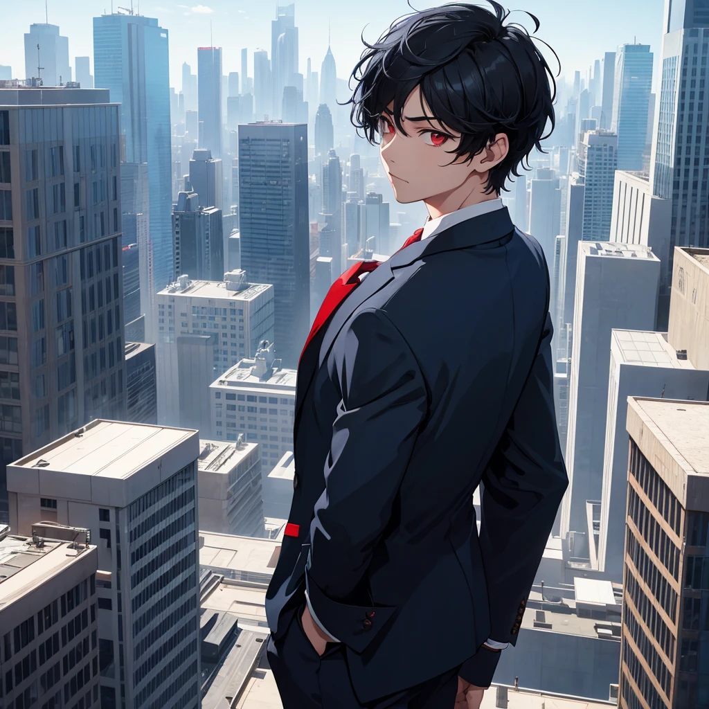 1boy, short black hair, red eyes, wearing all blue suits, on top of a building, high res, ultrasharp, 8k, masterpiece, looking at viewer from behind