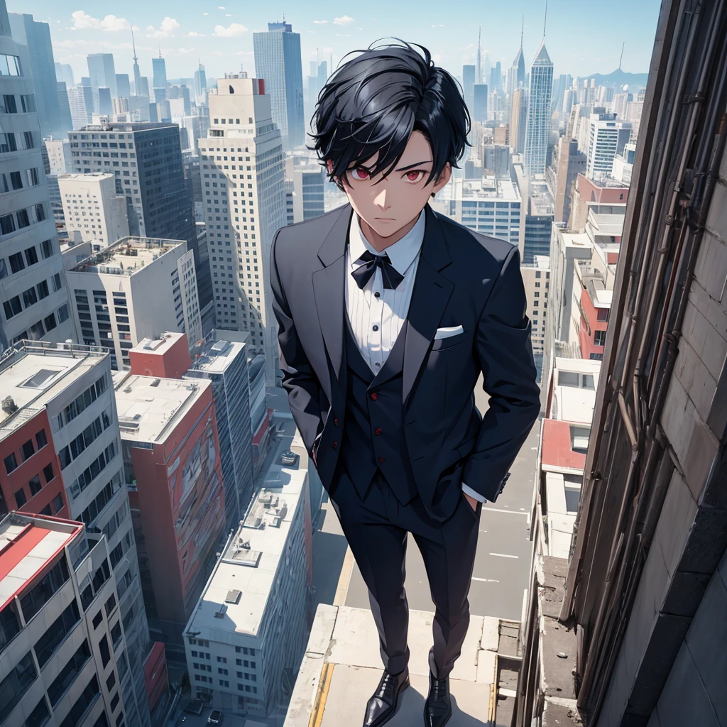 1boy, short black hair, red eyes, wearing all blue suits, on top of a building, high res, ultrasharp, 8k, masterpiece, looking at viewer from behind
