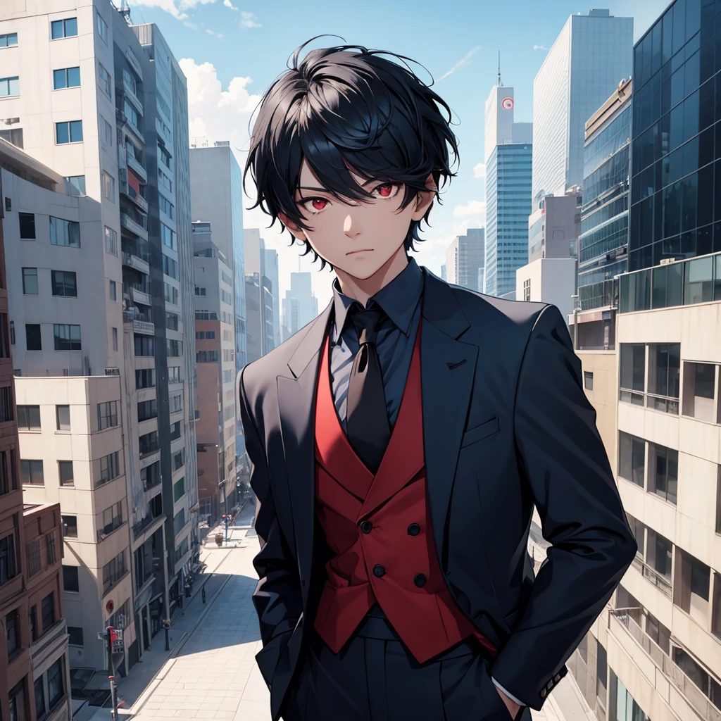 1boy, short black hair, red eyes, wearing all blue suits, on top of a building, high res, ultrasharp, 8k, masterpiece, looking at viewer from behind