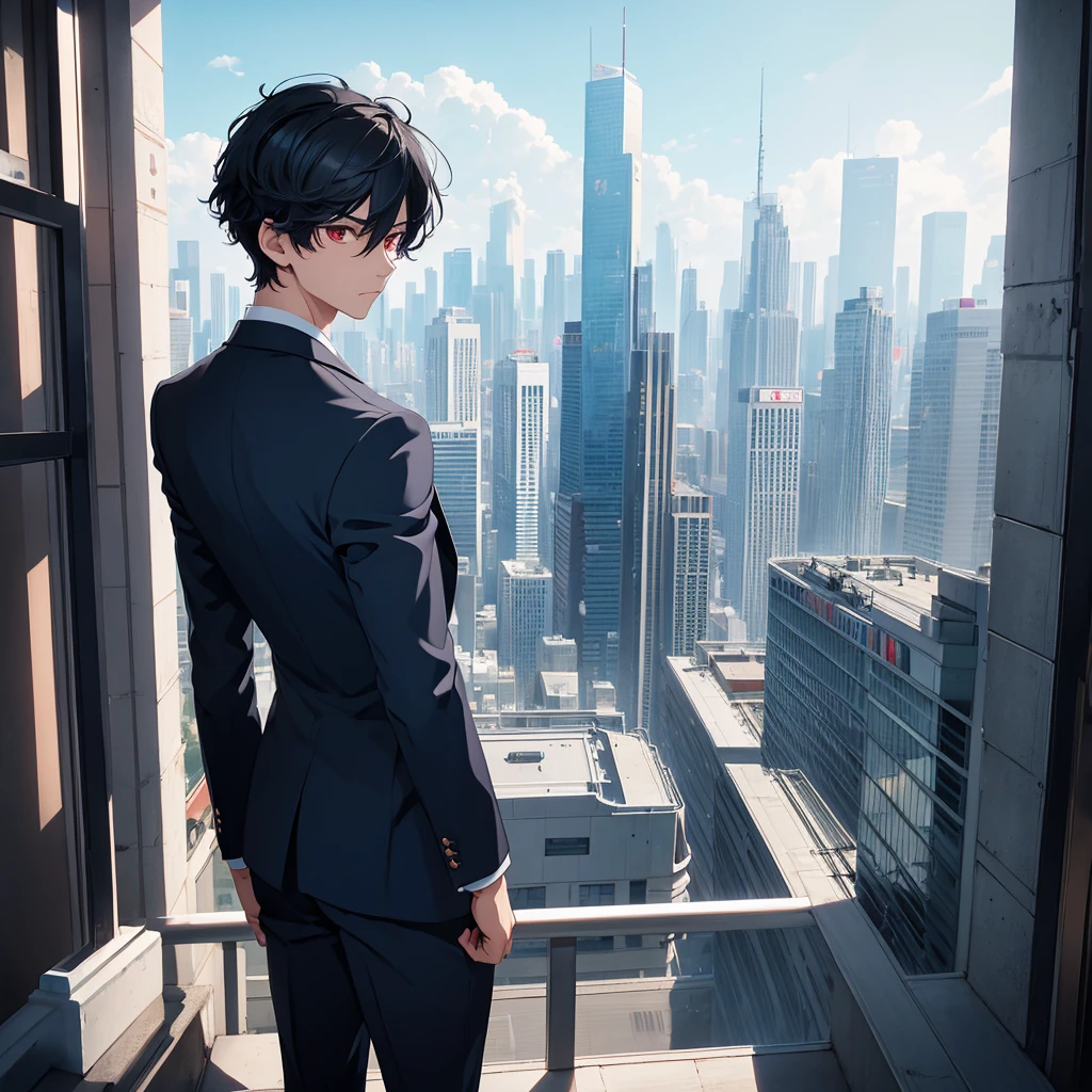 1boy, short black hair, red eyes, wearing all blue suits, on top of a building, high res, ultrasharp, 8k, masterpiece, looking at viewer from behind