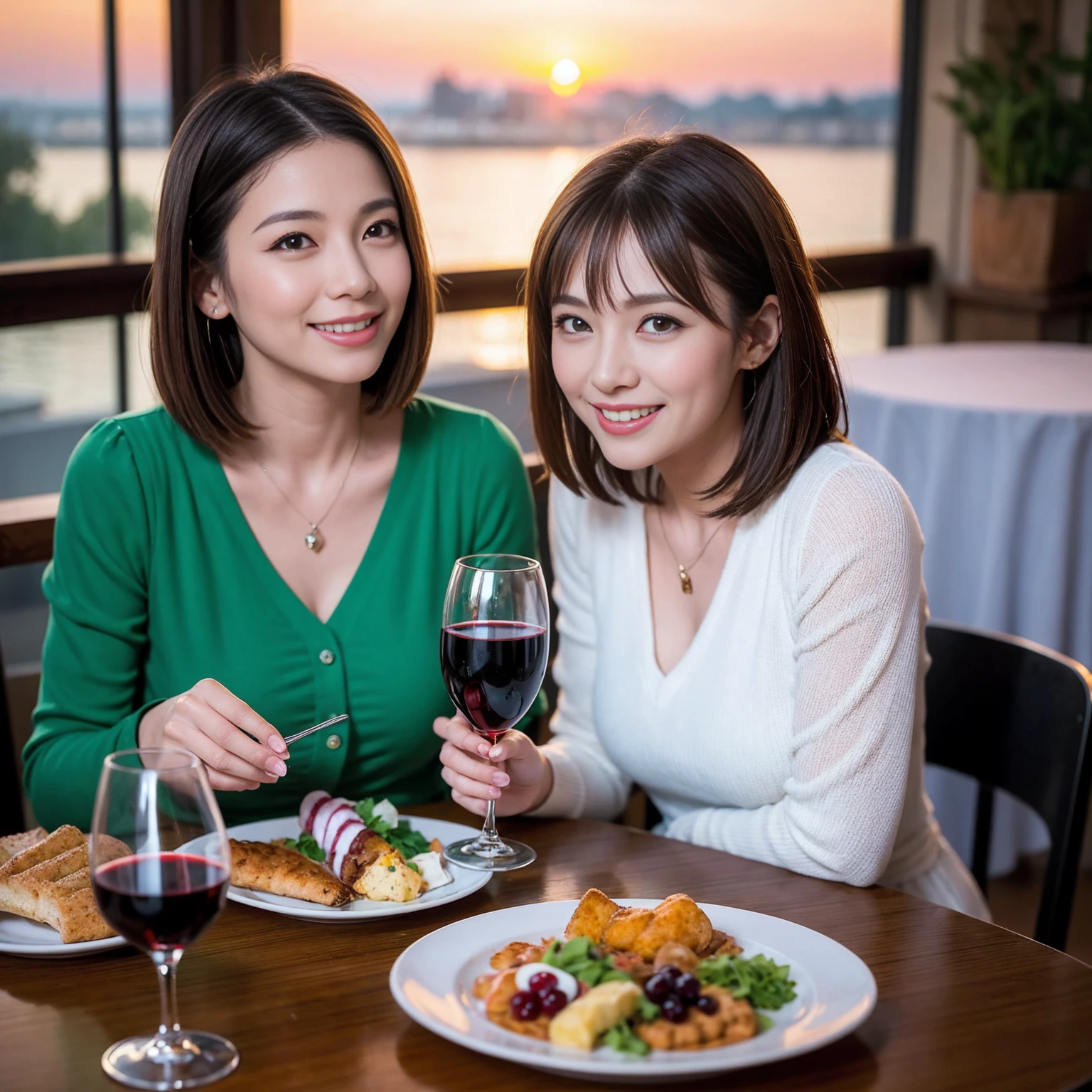 ((Highest quality、8K、masterpiece:1.3))、 (Ultra-realistic、 Genuine、Bright image、Intricate details:1.2), 最高のsmile、1 male、1 female、Beautiful couple、Love Love Love、Lover who looks like Miki Nakatani、Good friends、actress couple、smile、Full-course dinner at a packed table、 (Slim face), (the body is slim), (Brown Hair), (short hair), テーブルのwine glass、Please shine a light on my face、 Amazing view of the sunset sky and clouds、42 years old 39 years old, red wine 、Appetizers、Wine bottle、sparkling wine、Long sleeve shirt、dress、White wine, red wine, wine glass, 