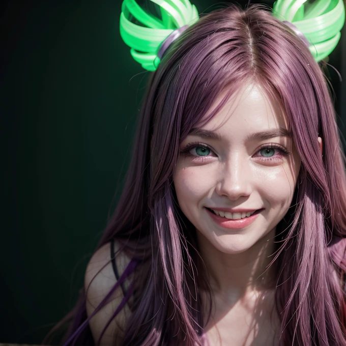 Woman, long purple hair with pink stripes, green glowing eyes, laughing 