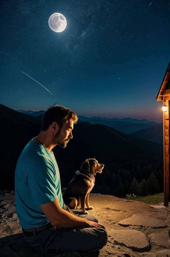 A man sitting in the mountain at night and watching the moon with his dog