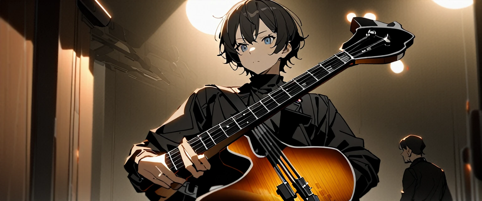 (((masterpiece,Highest quality))),(((Have a bass guitar黒髪の無造作な髪形と黒い目をしたトゲだらけでエナメルのヴィジュアル系の衣装を着たアニメキャラクターの男性))),((Mini Hat)),((Have a bass guitar)),(((Standing politely in a Western-style room with a bass guitar))),Focus on the upper body,(high quality),アニメ
