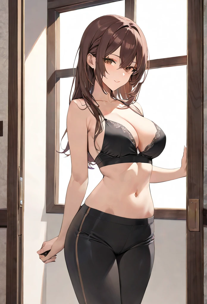 (masterpiece, Highest quality, High resolution, Super detailed, Highest quality), Detailed body, Detailed face, Blake Women, Detailed Eyes, small Smile, Tight waist, Brown ponytail hair, bikini, bedroom, leaning against the wall, from behind, ((kneel))