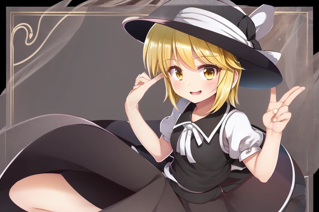 1girl, , , masterpiece, best quality, 10 years old, medium blonde hair, forehead visible bags, yellow eyes, hat, heart, black headwear, puffy short sleeves, log black skirt, heart hads,,1girl, solo, yellow eyes, yellow hair, bow, hat bow, socks, black footwear, black skirt, short sleeves, yuki (touhou), black vest, white sleeves, frill skirt, light smile